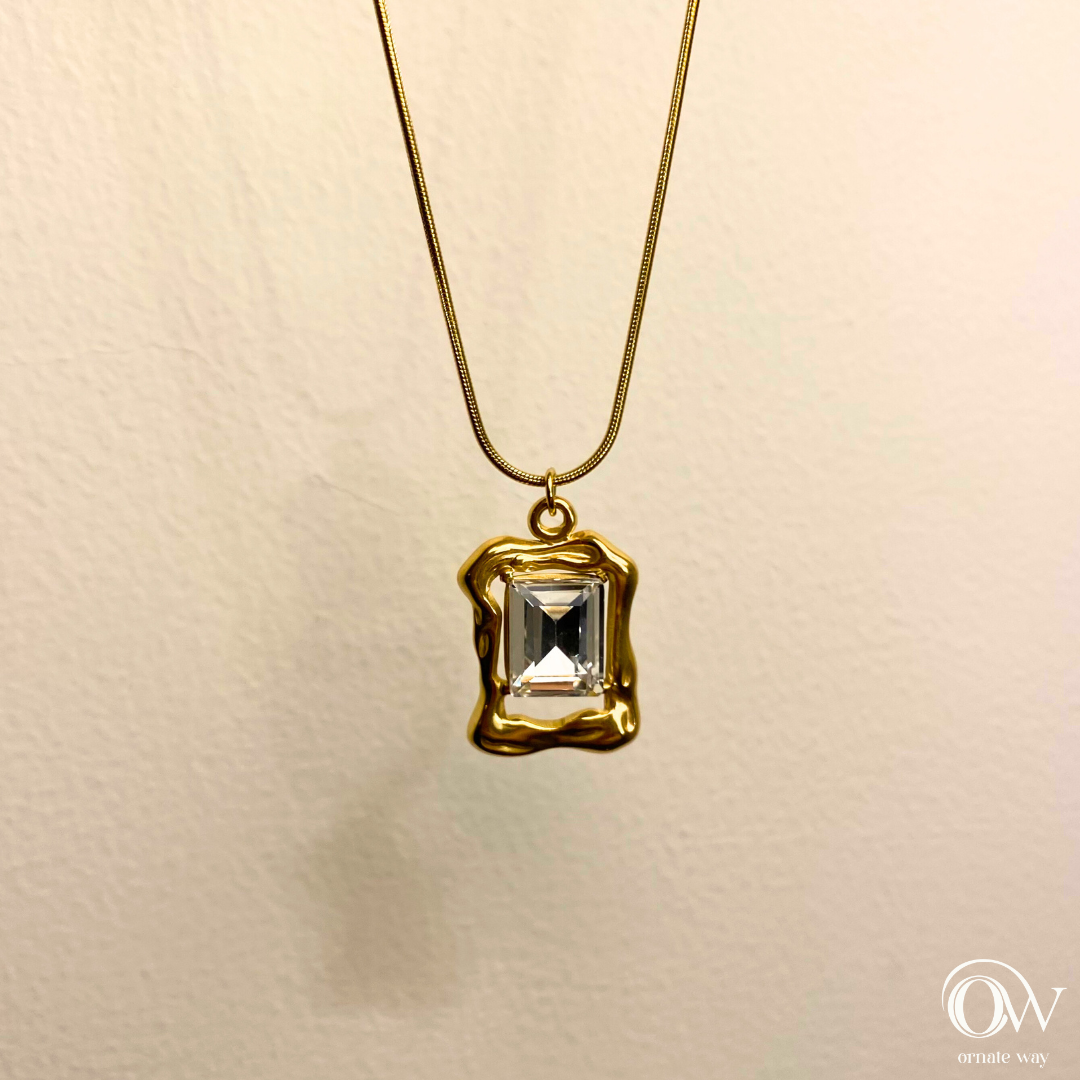 Elegant Rectangle Solitaire with Golden Pendant