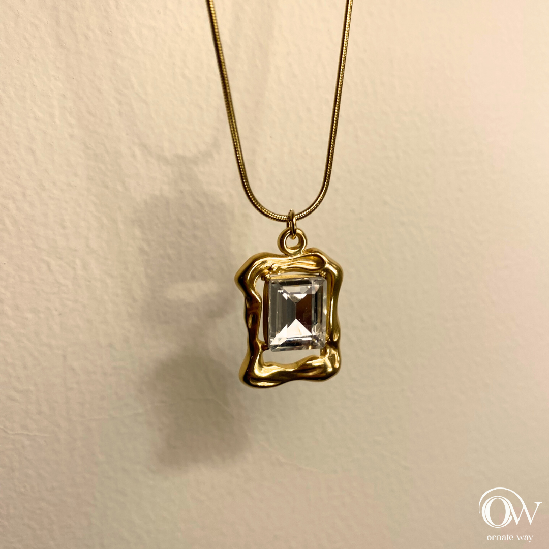 Elegant Rectangle Solitaire with Golden Pendant