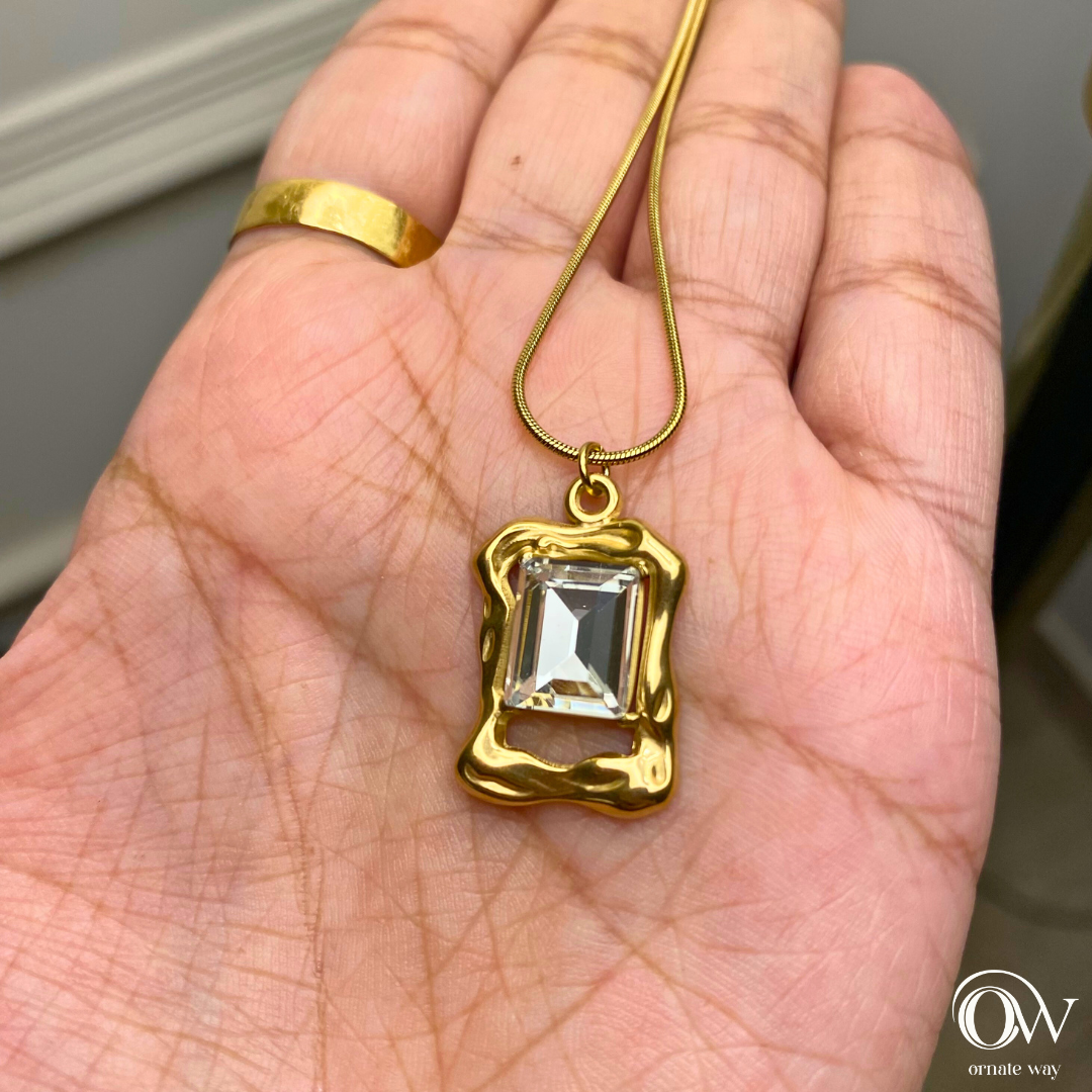 Elegant Rectangle Solitaire with Golden Pendant