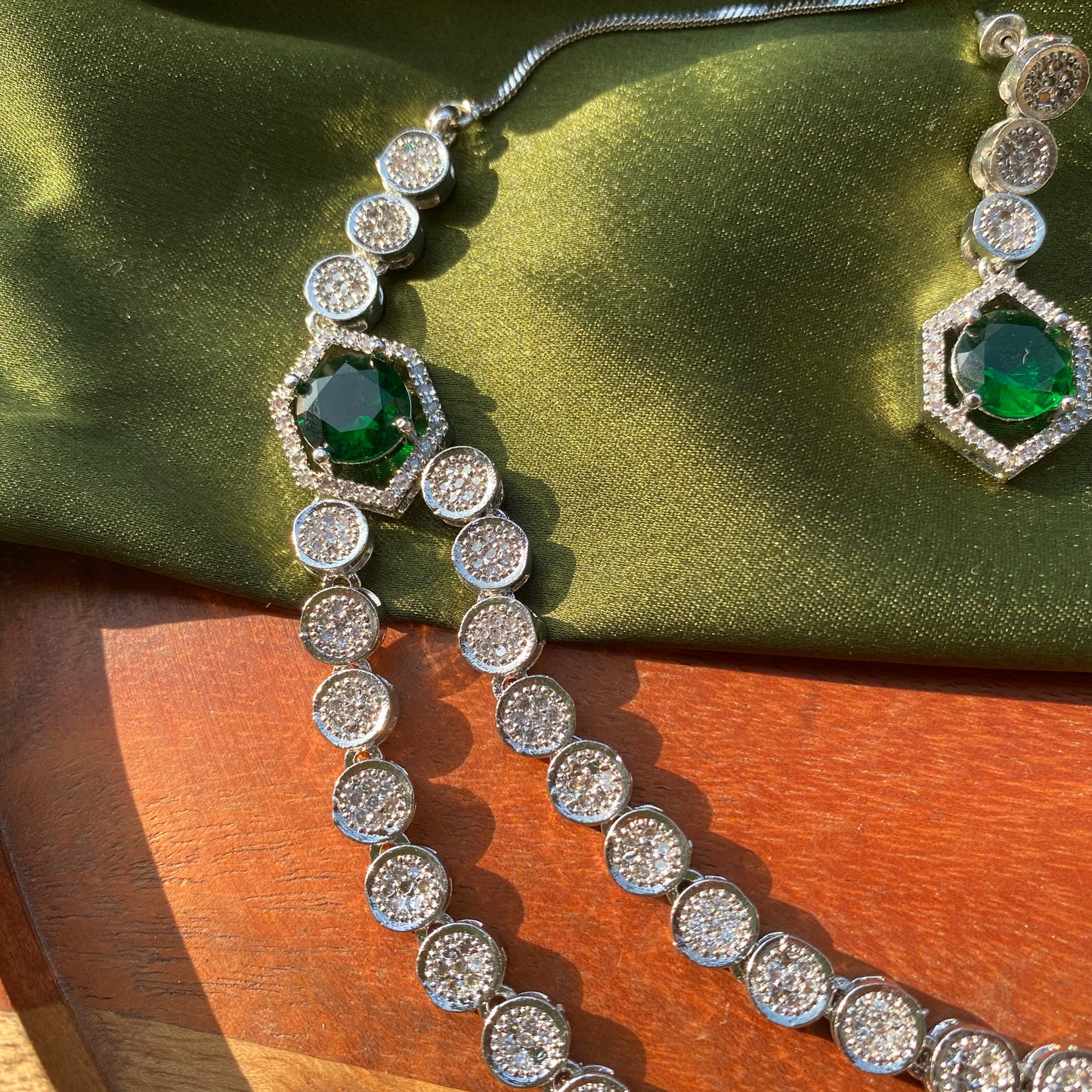 Double Layered Round CZ/AD Designer Necklace Set in Silver with Emeralds