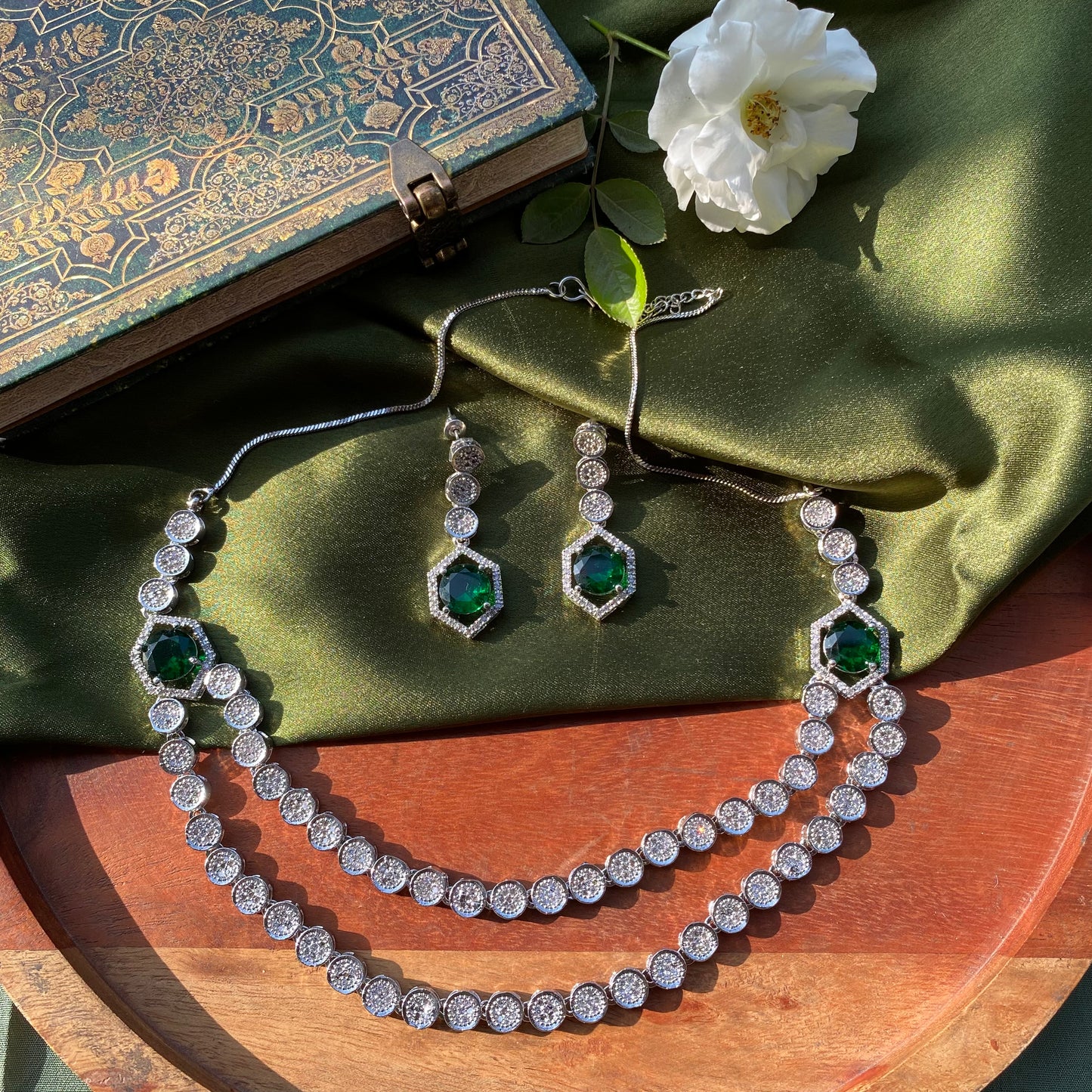 Double Layered Round CZ/AD Designer Necklace Set in Silver with Emeralds