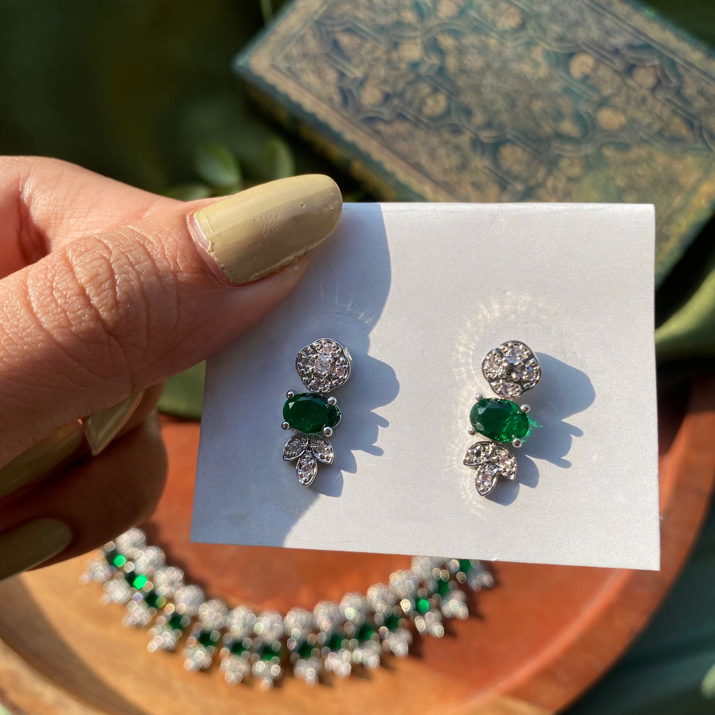 Designer Green Emerald CZ/AD Necklace Set in Silver