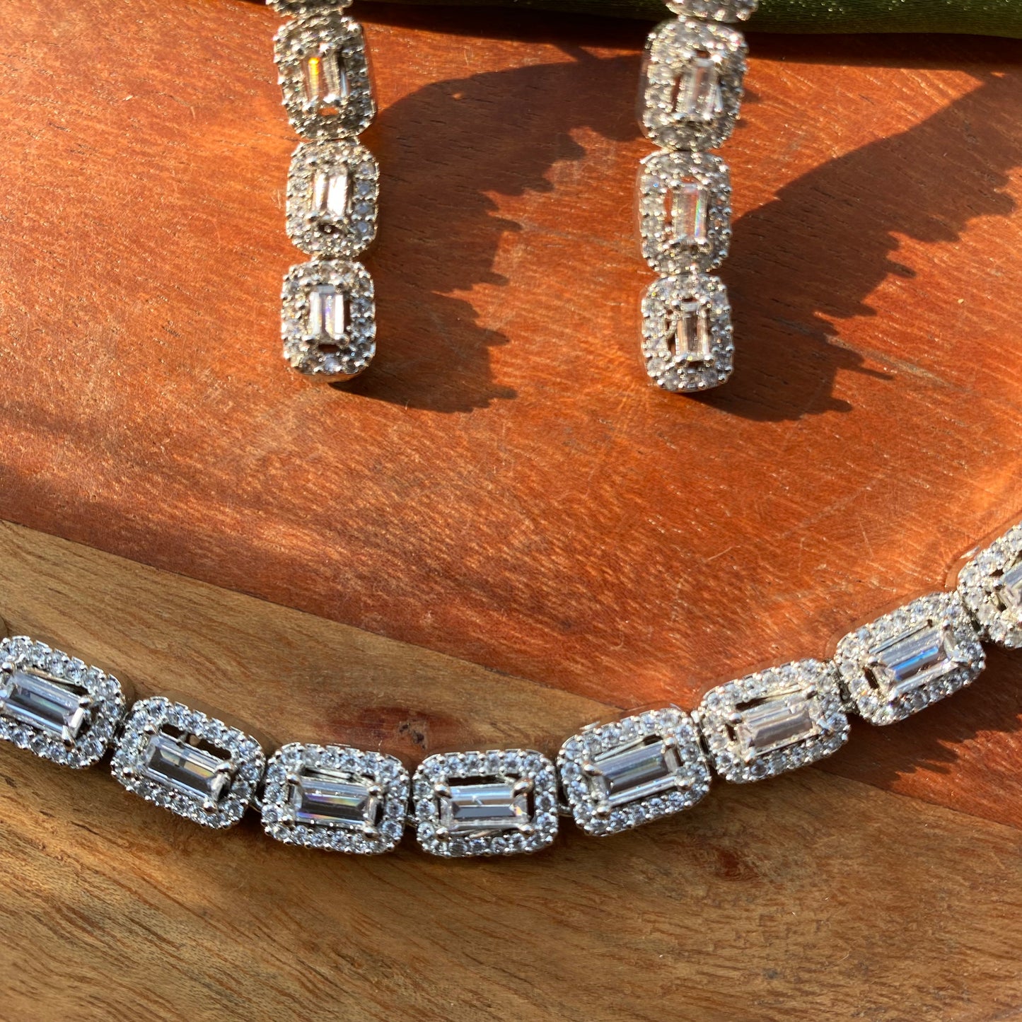 Rectangle Solitaire & AD/CZ Designer Sleek Necklace Set in Silver