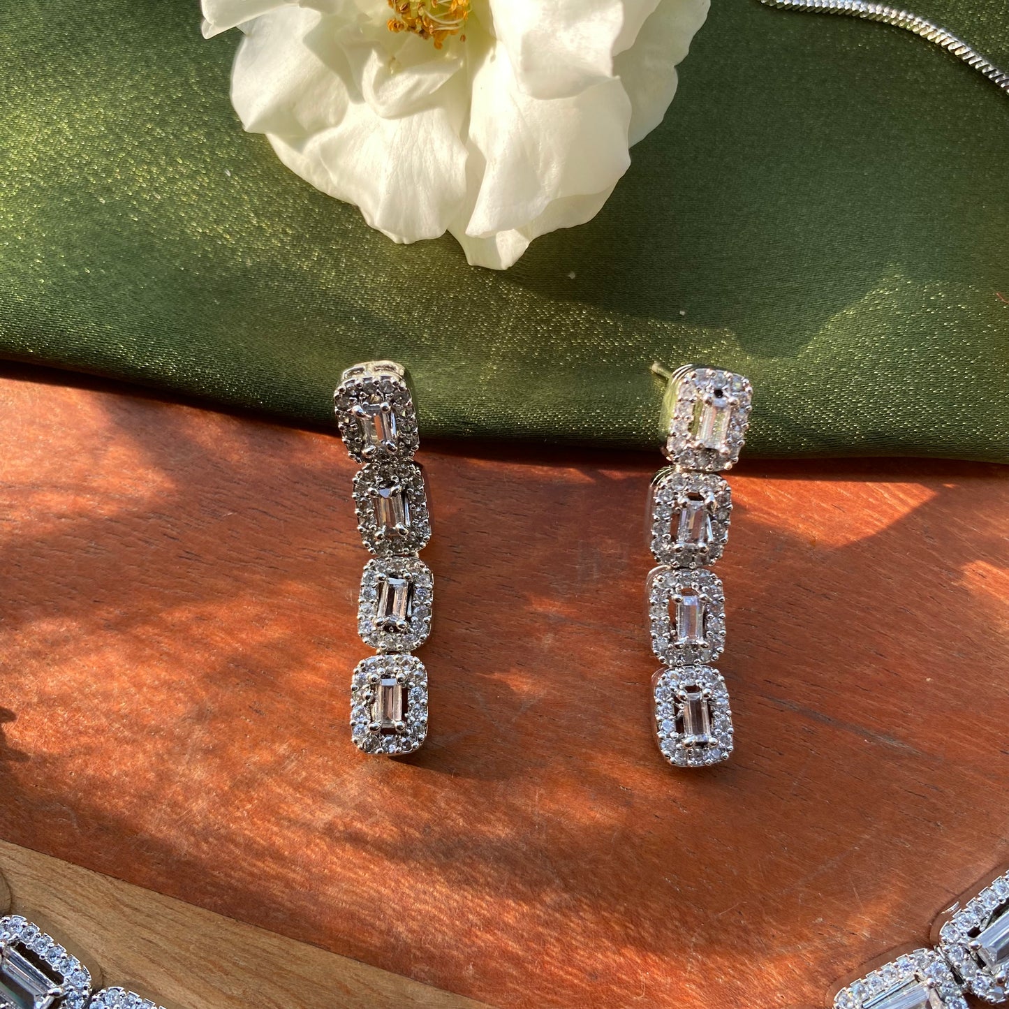 Rectangle Solitaire & AD/CZ Designer Sleek Necklace Set in Silver