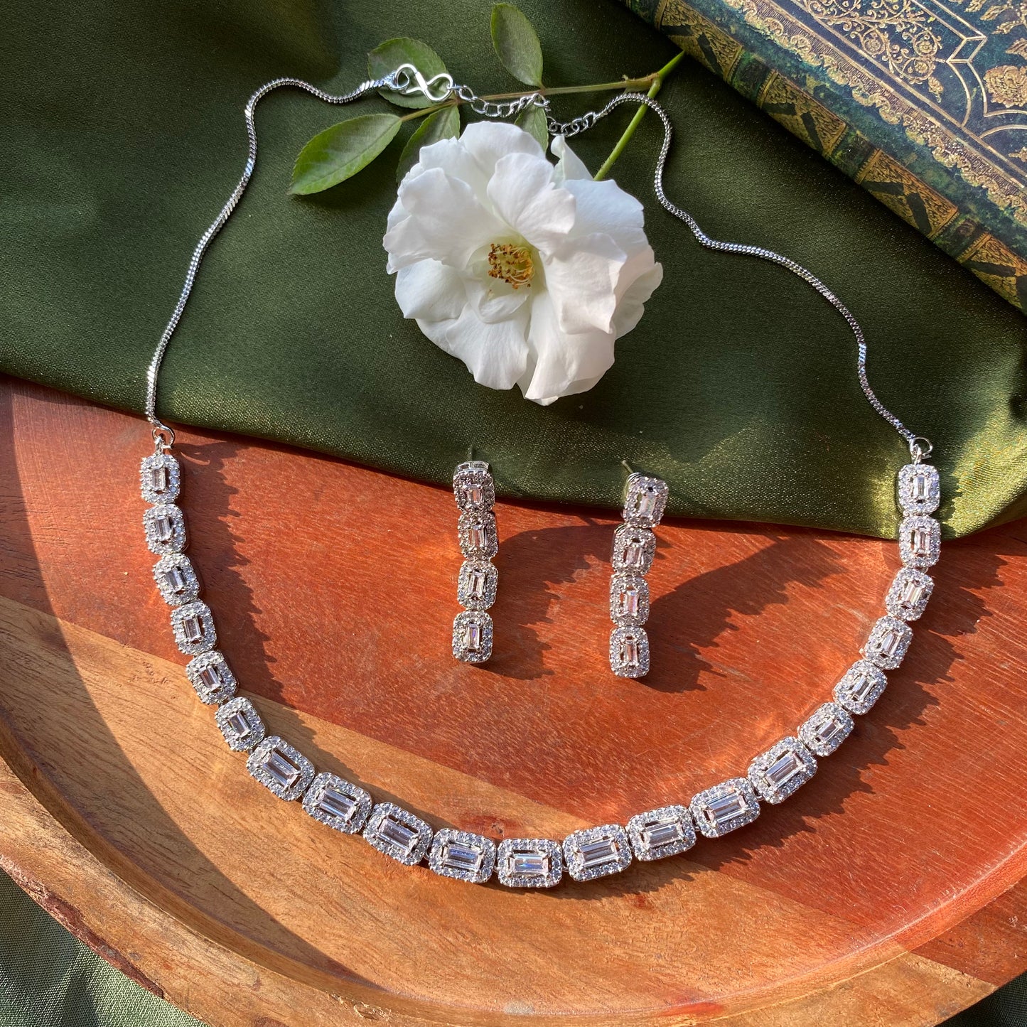 Rectangle Solitaire & AD/CZ Designer Sleek Necklace Set in Silver