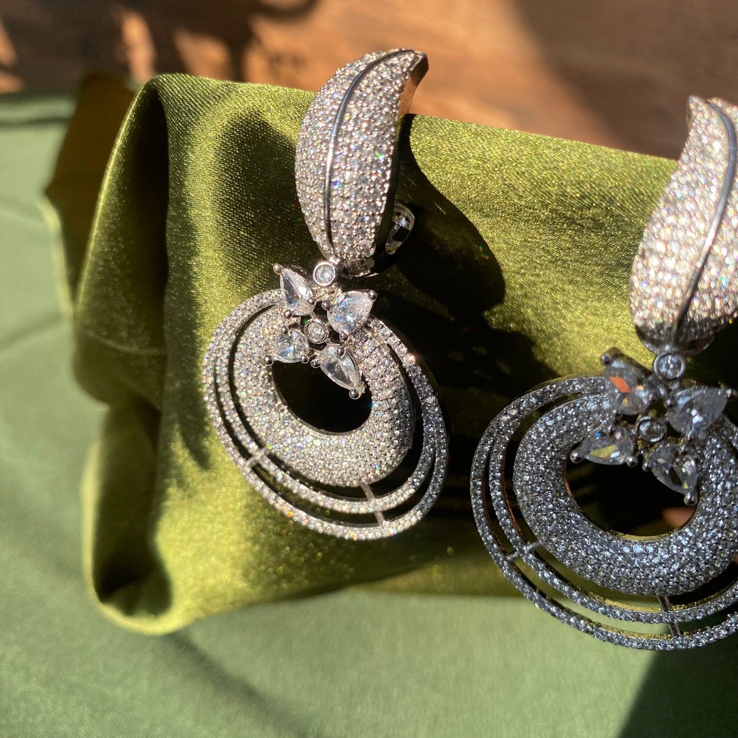Leaf & Round Silver Designer AD/CZ Earrings