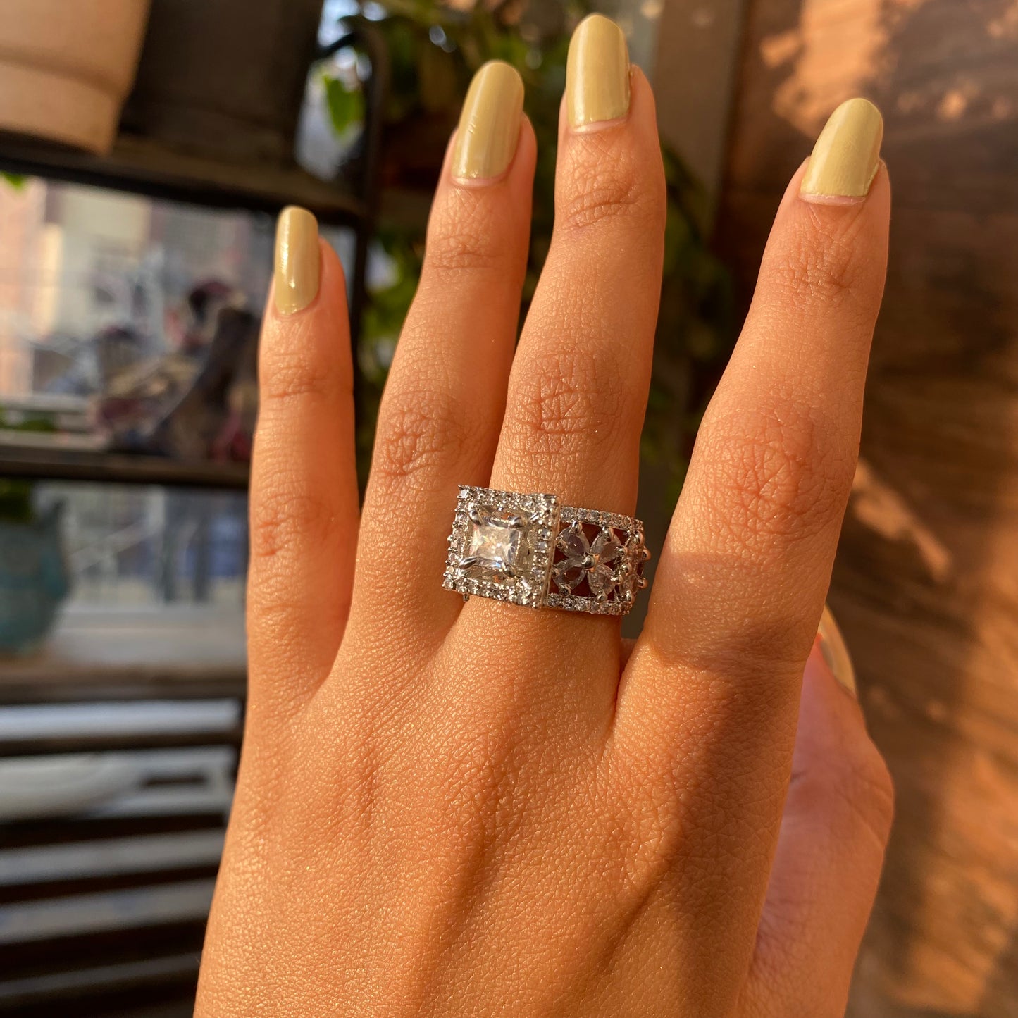 Adjustable CZ Cocktail Ring with Square Solitaire