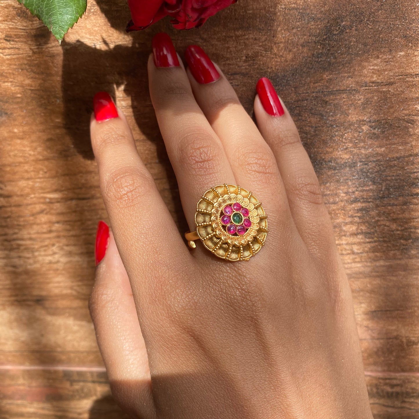 Matte Gold South Indian Ring with Red & Green Stone (Adjustable)