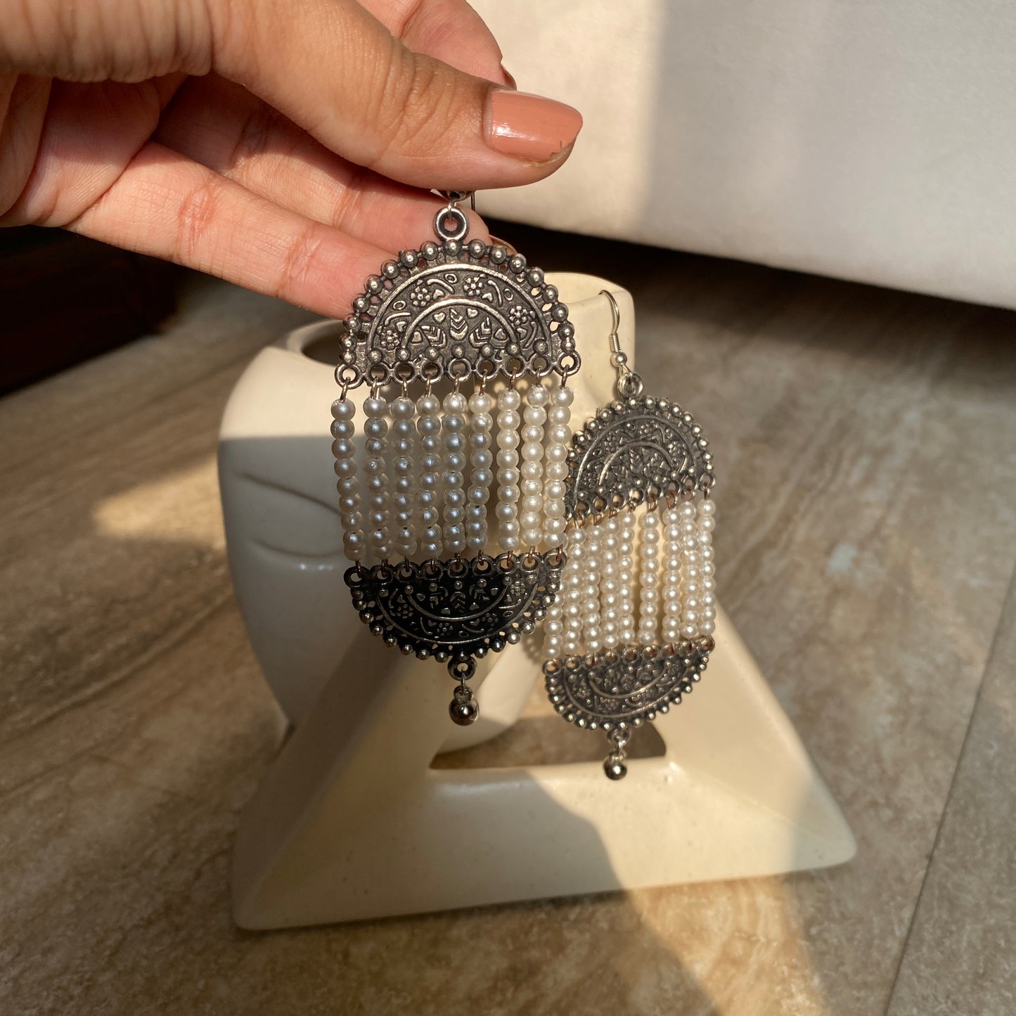Oxidised Earrings With Long Pearl Strings