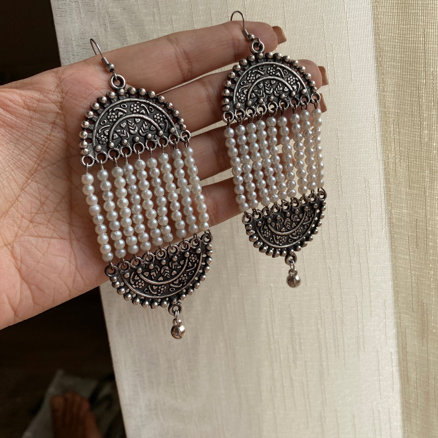Oxidised Earrings With Long Pearl Strings