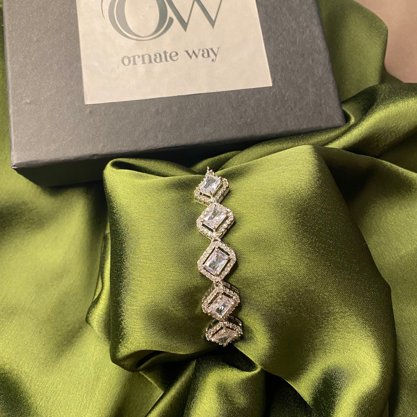 Silver Designer AD Bracelet with Tilted Rectangle Solitaires