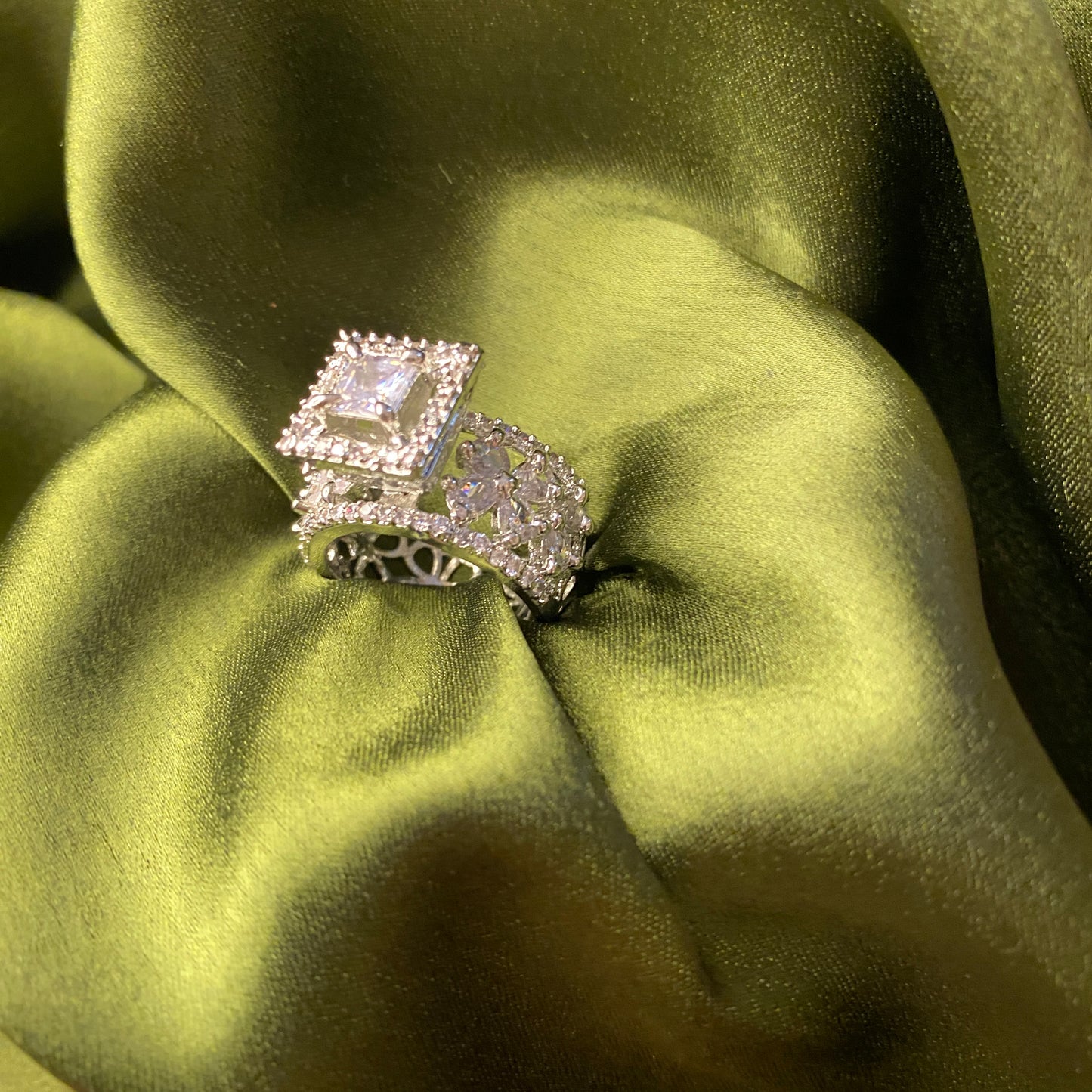 Adjustable CZ Cocktail Ring with Square Solitaire