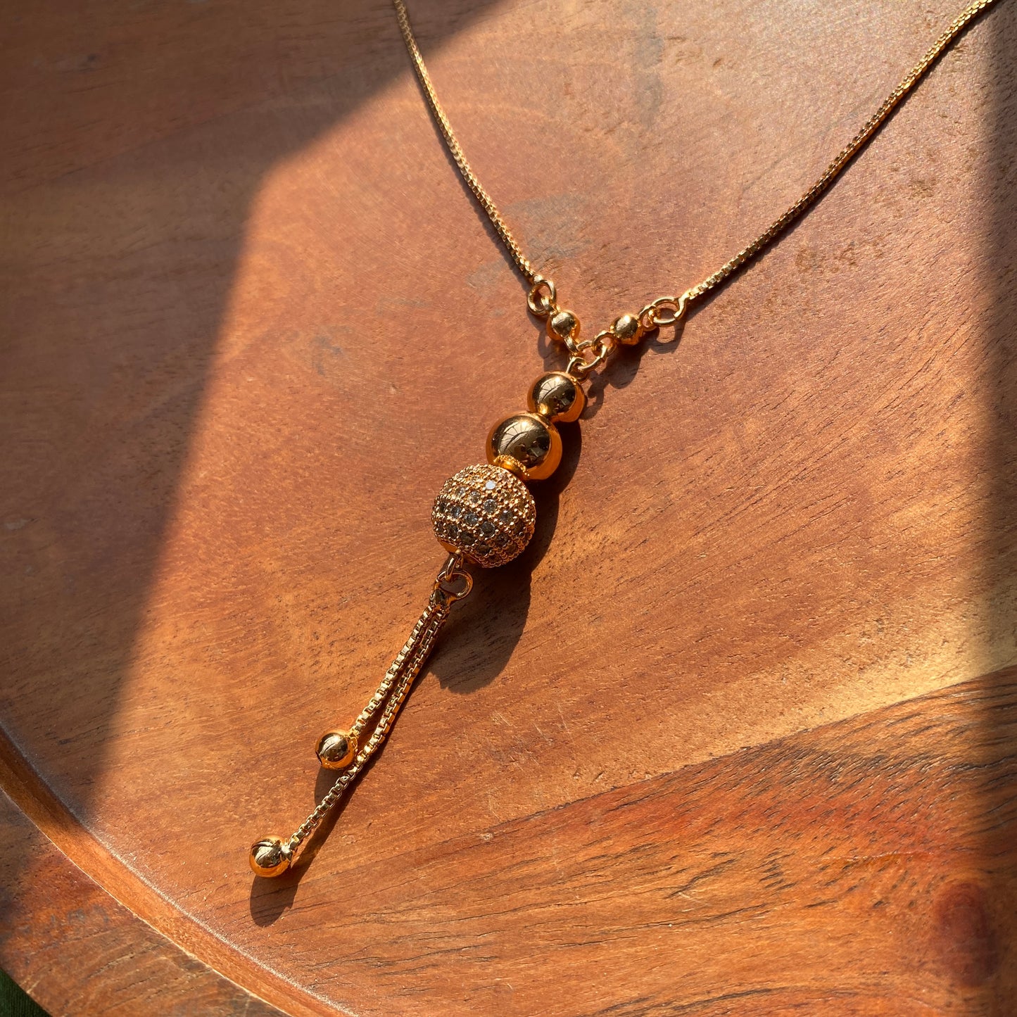 Anti Tarnish Sleek Long Golden Chain with Round CZ/AD Pendant