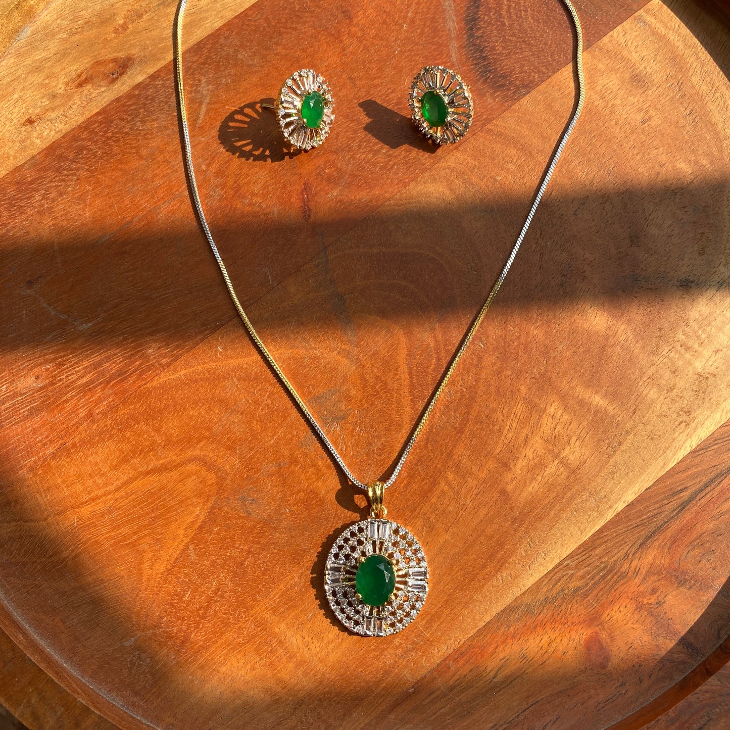Subtle Golden and Silver Toned CZ/AD Pendant Set with Green Stone (With Chain)