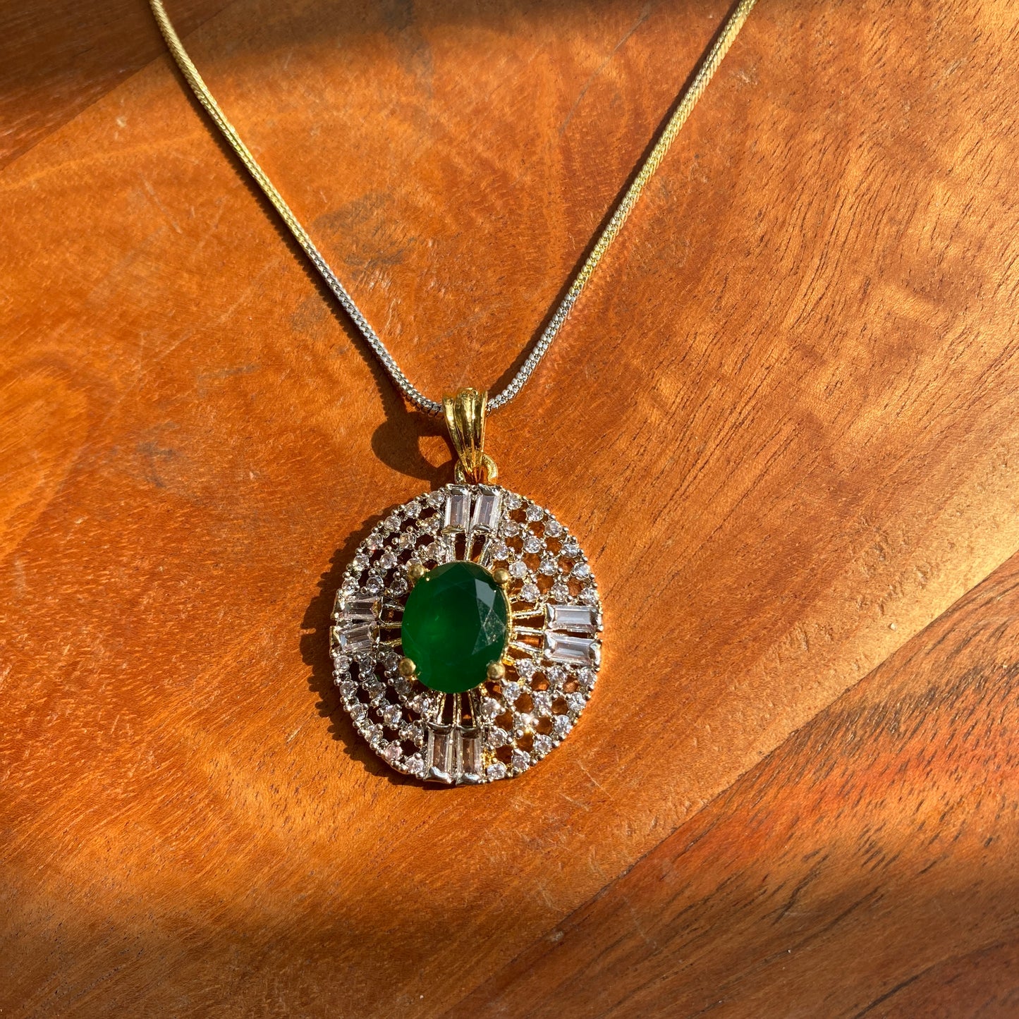 Subtle Golden and Silver Toned CZ/AD Pendant Set with Green Stone (With Chain)