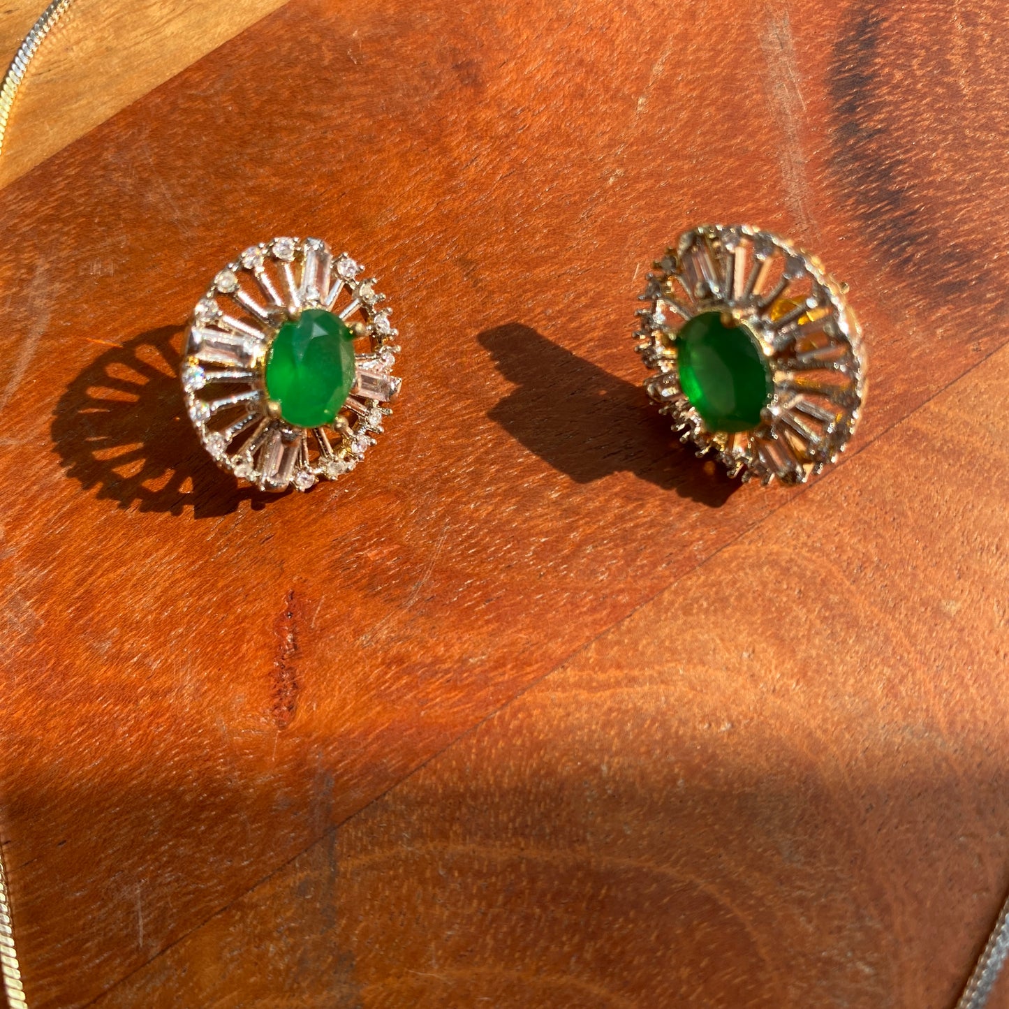 Subtle Golden and Silver Toned CZ/AD Pendant Set with Green Stone (With Chain)