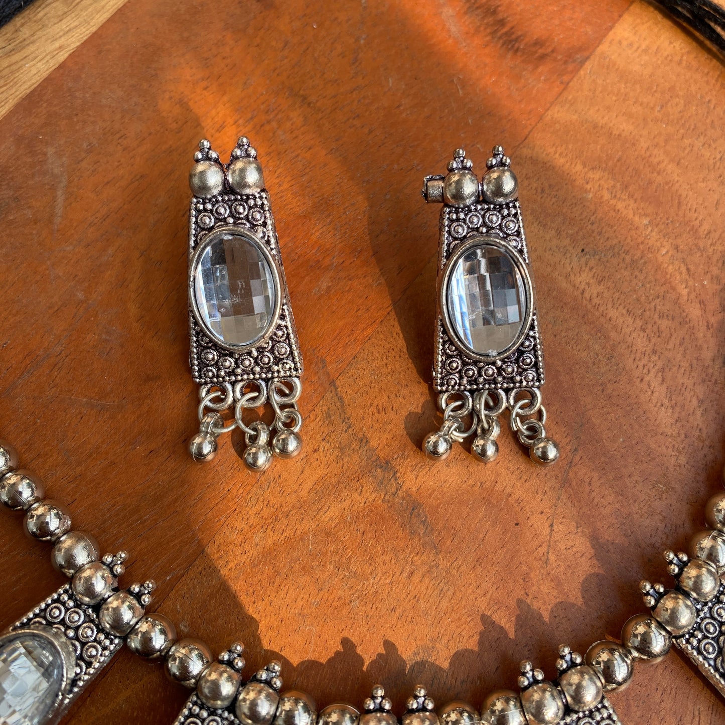 Silver Oxidised Beaded Mirror Necklace Set