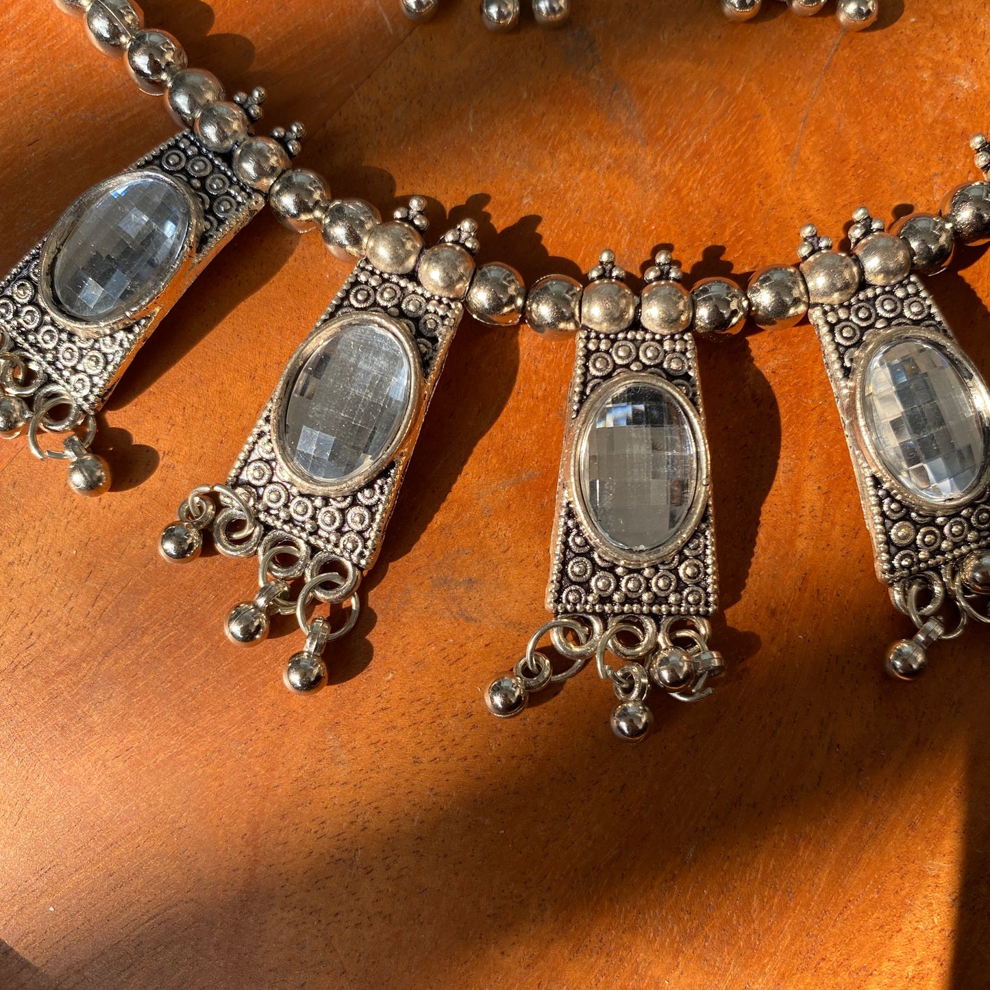 Silver Oxidised Beaded Mirror Necklace Set