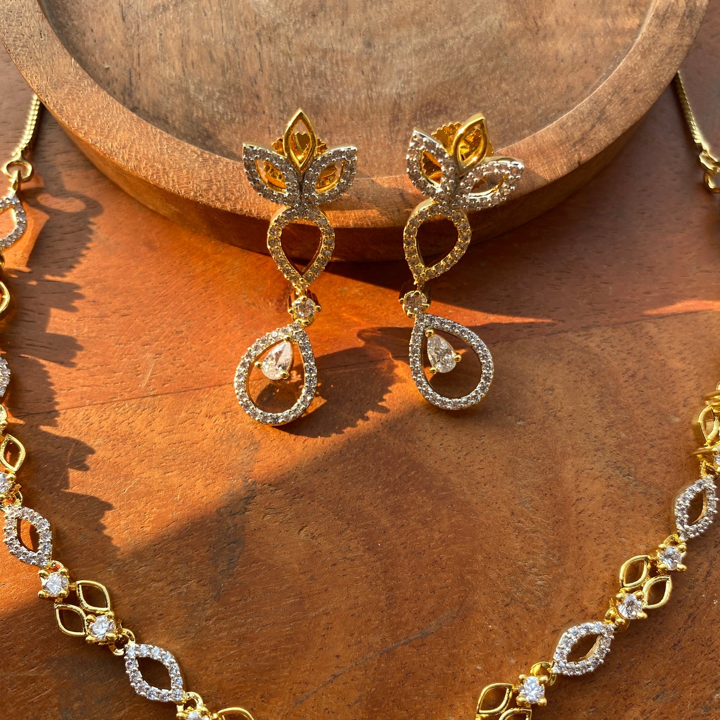 Sleek Almond & Drop Shaped Designer CZ/AD Gold Necklace Set