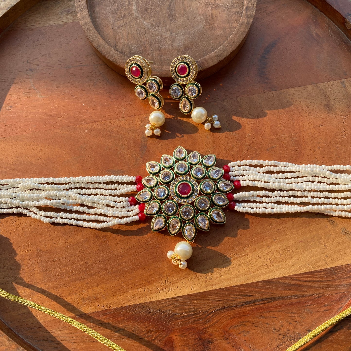 Designer Polki AD Choker Set with Pearls & Coloured Stones