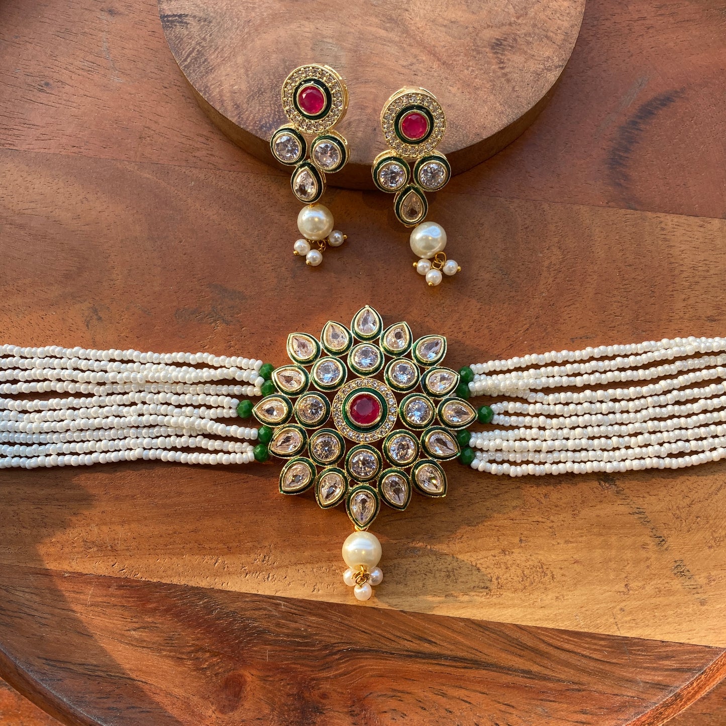 Designer Polki AD Choker Set with Pearls & Coloured Stones