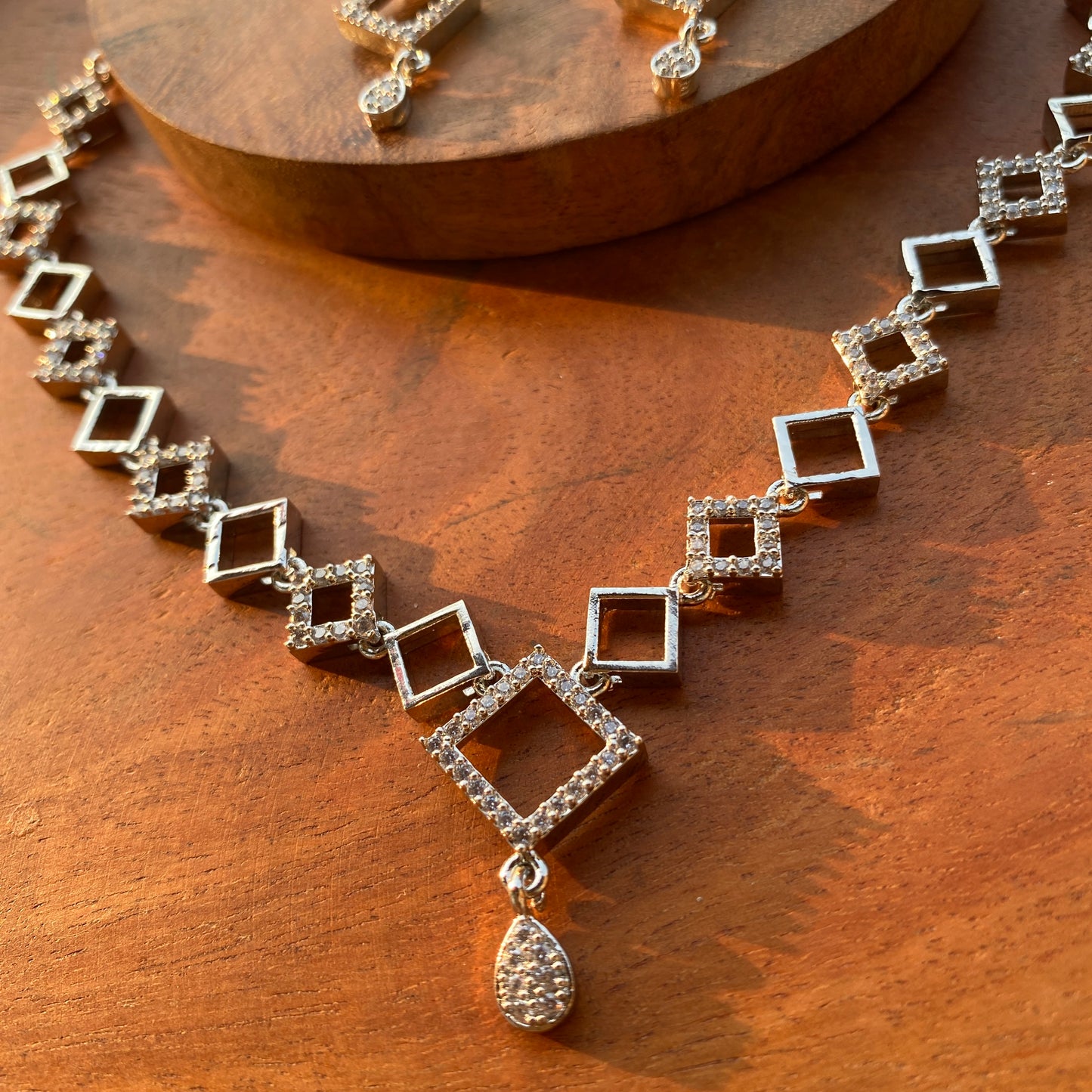 Sleek Square Designer CZ/AD Silver Necklace Set