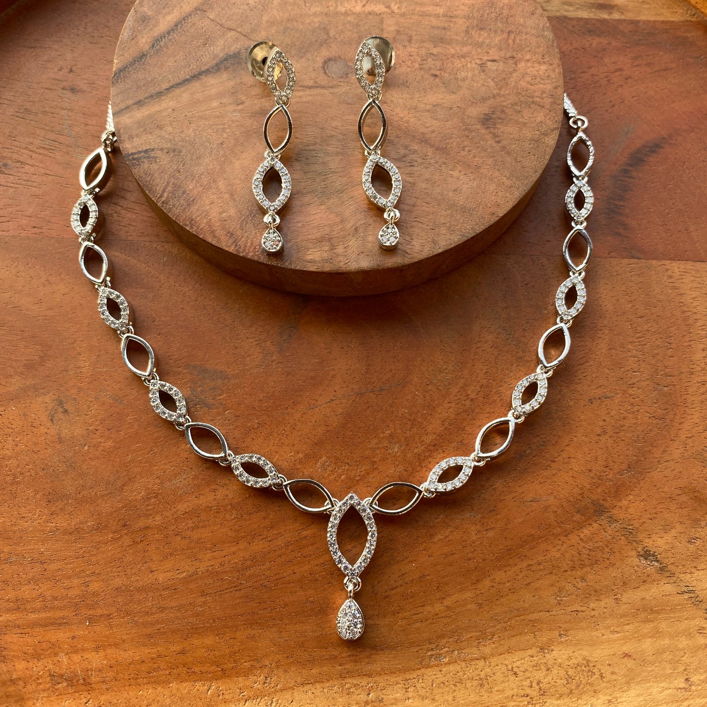 Sleek Almond Shaped Designer CZ/AD Silver Necklace Set