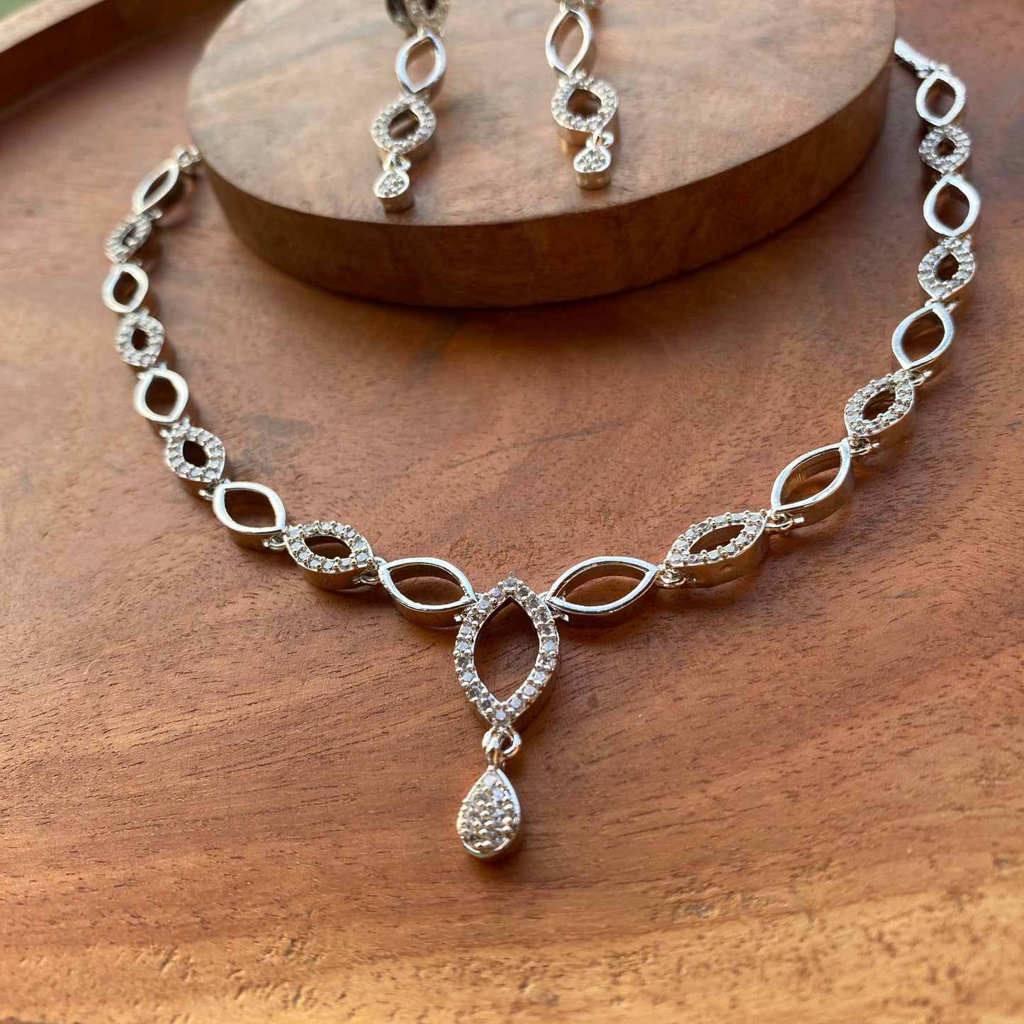 Sleek Almond Shaped Designer CZ/AD Silver Necklace Set