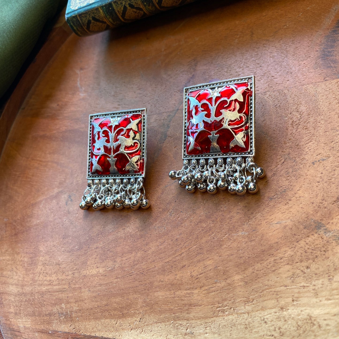 Red Meenakari Sqaure Earrings