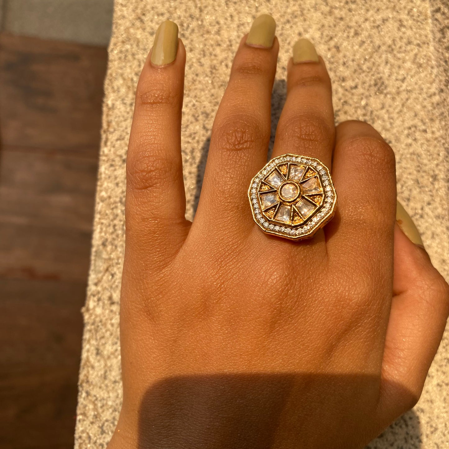 Antique Kundan and AD/CZ Designer Ring in Gold (Adjustable)