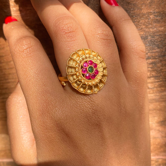 Matte Gold South Indian Ring with Red & Green Stone (Adjustable)