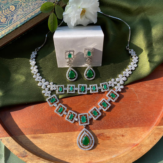 Double Layered with Drop Green Stone with AD/CZ Designer Necklace Set