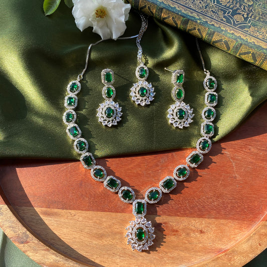 Exclusive Ethnic Green Emerald Designer CZ/AD Silver Necklace Set with Maang Tika