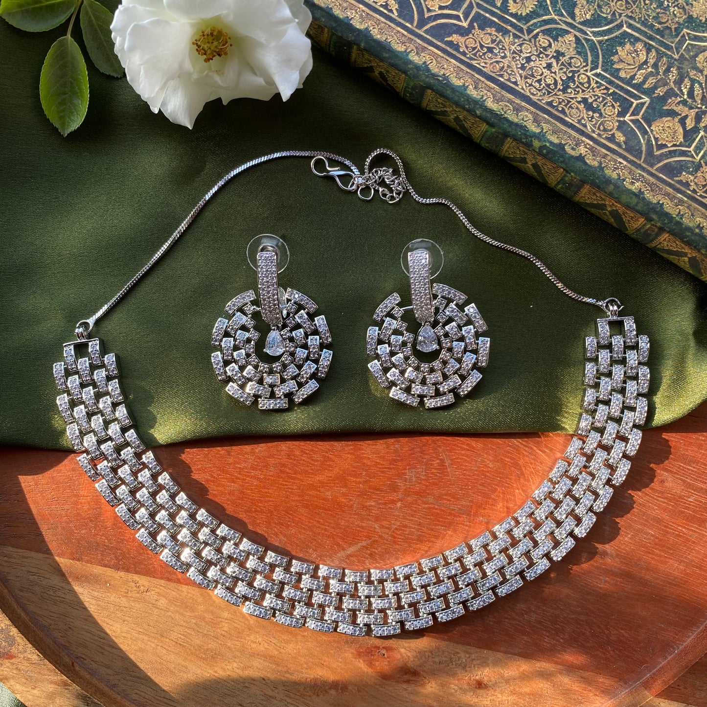 Cluster Silver & Diamond Designer AD/CZ Necklace Set