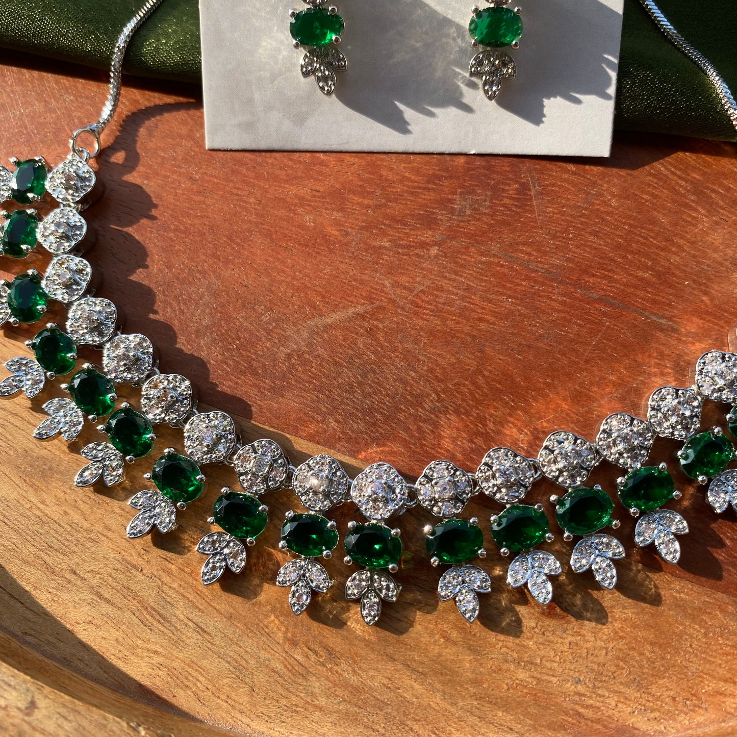 Designer Green Emerald CZ/AD Necklace Set in Silver