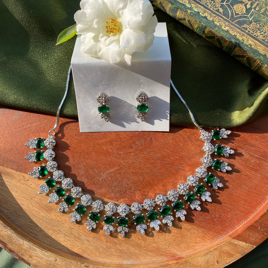 Designer Green Emerald CZ/AD Necklace Set in Silver