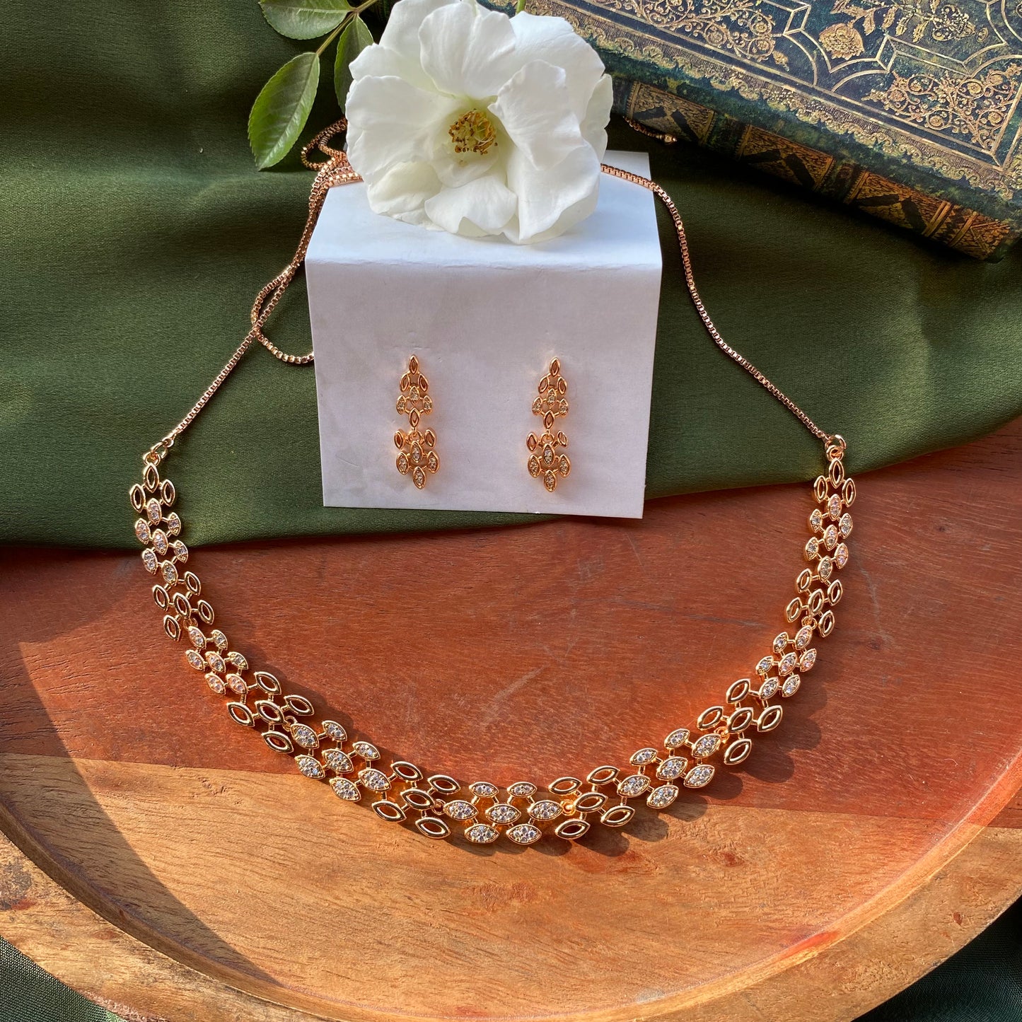 Honeycomb AD/CZ Designer Rose Golden Necklace Set