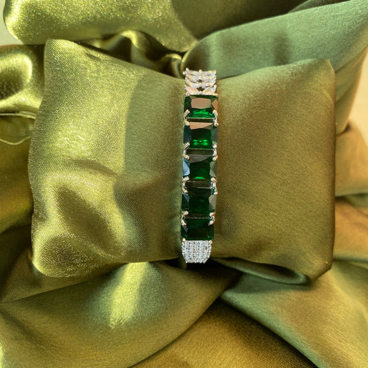 Rectangle Shaped Emerald and AD/CZ Designer Bracelet in Silver