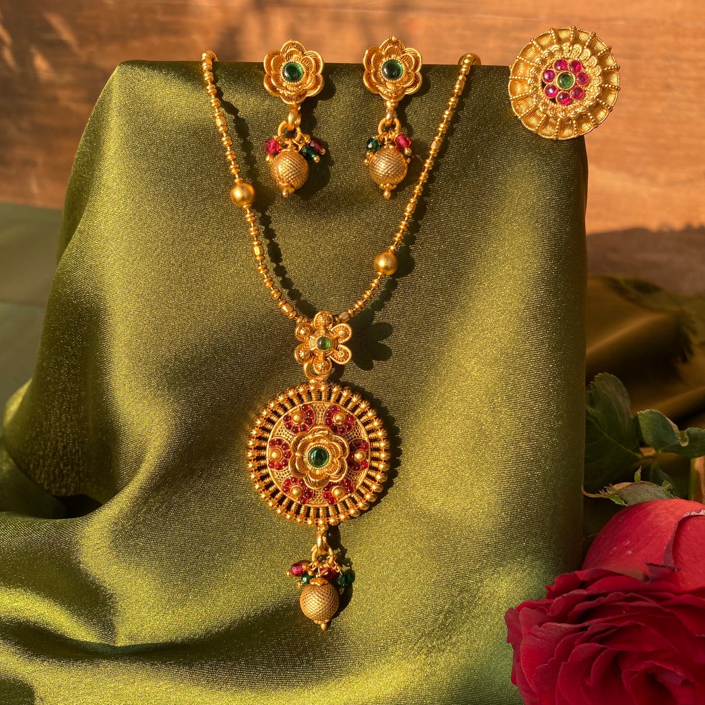 Ring Combo with Matte Gold South Indian Floral Pendant Necklace Set with Red & Green Stones