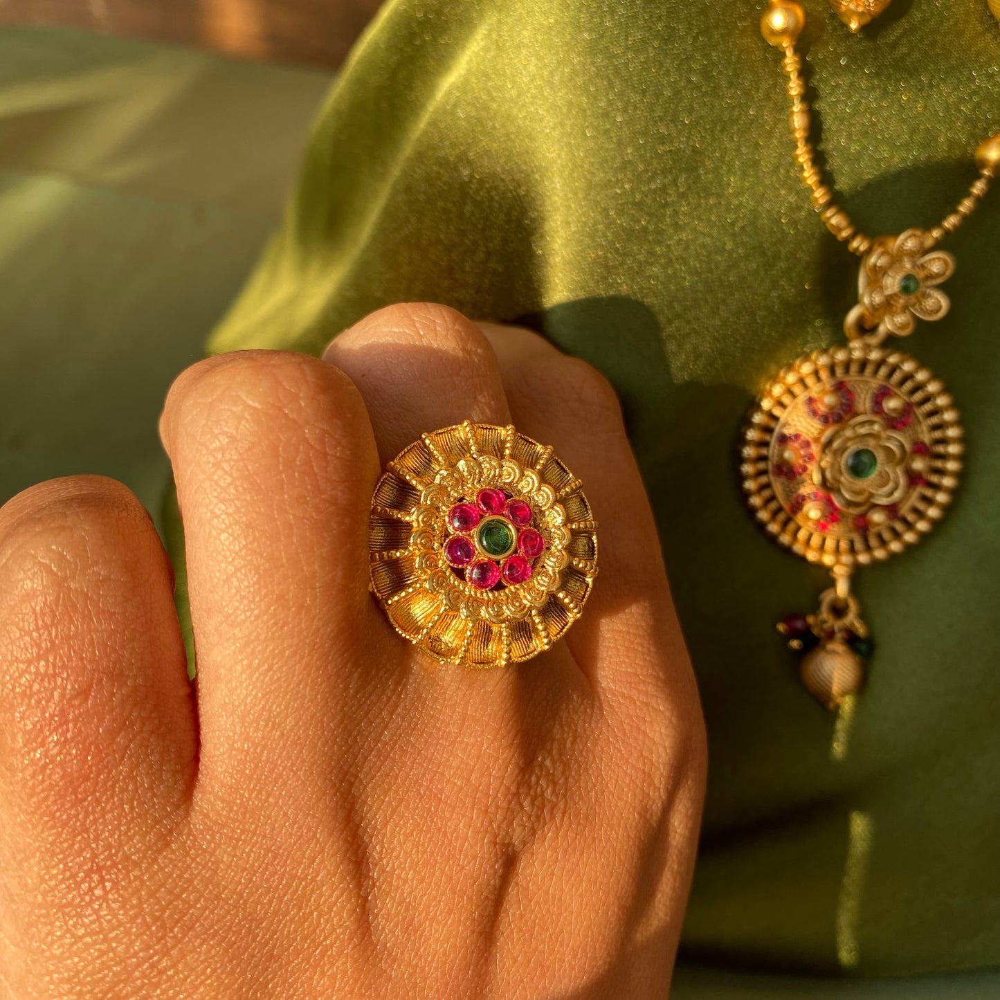 Ring Combo with Matte Gold South Indian Floral Pendant Necklace Set with Red & Green Stones