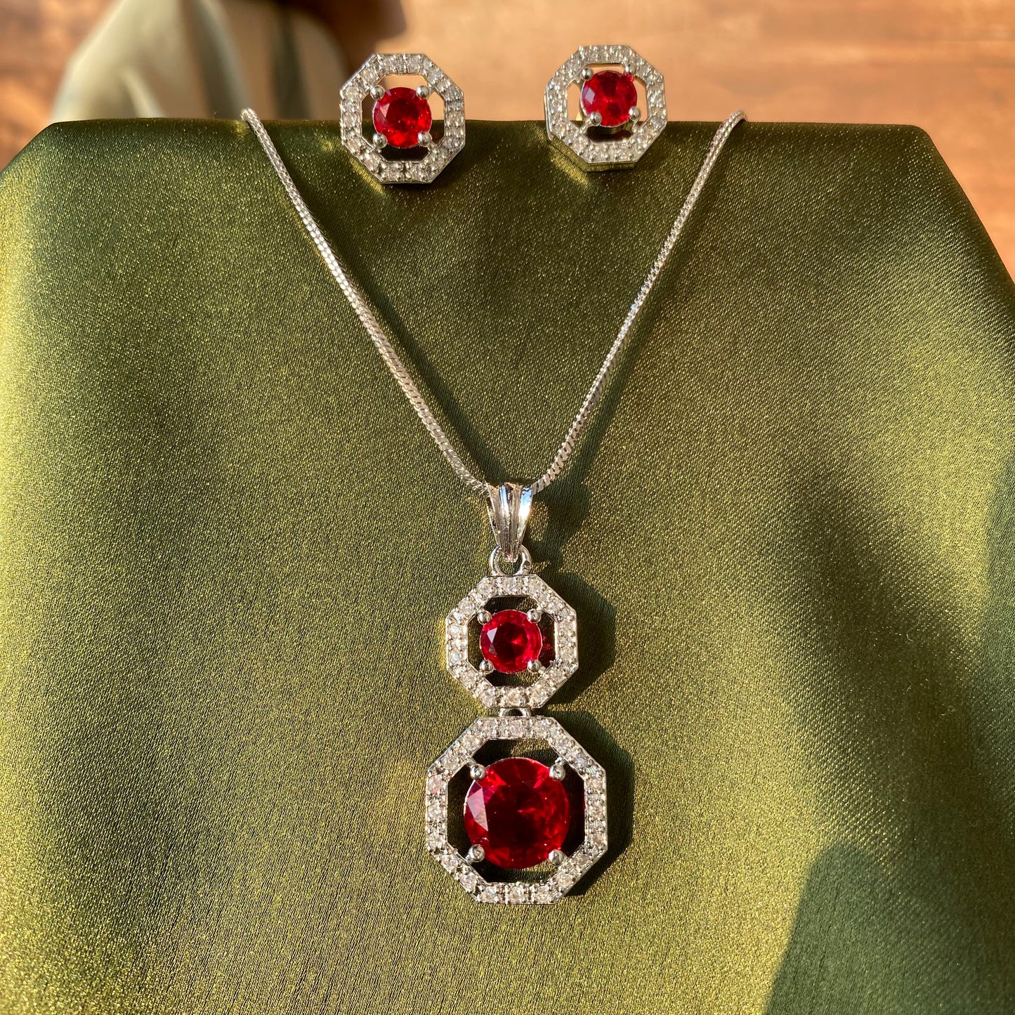 Designer CZ Pendant Set with Red Ruby Stone (With Chain)