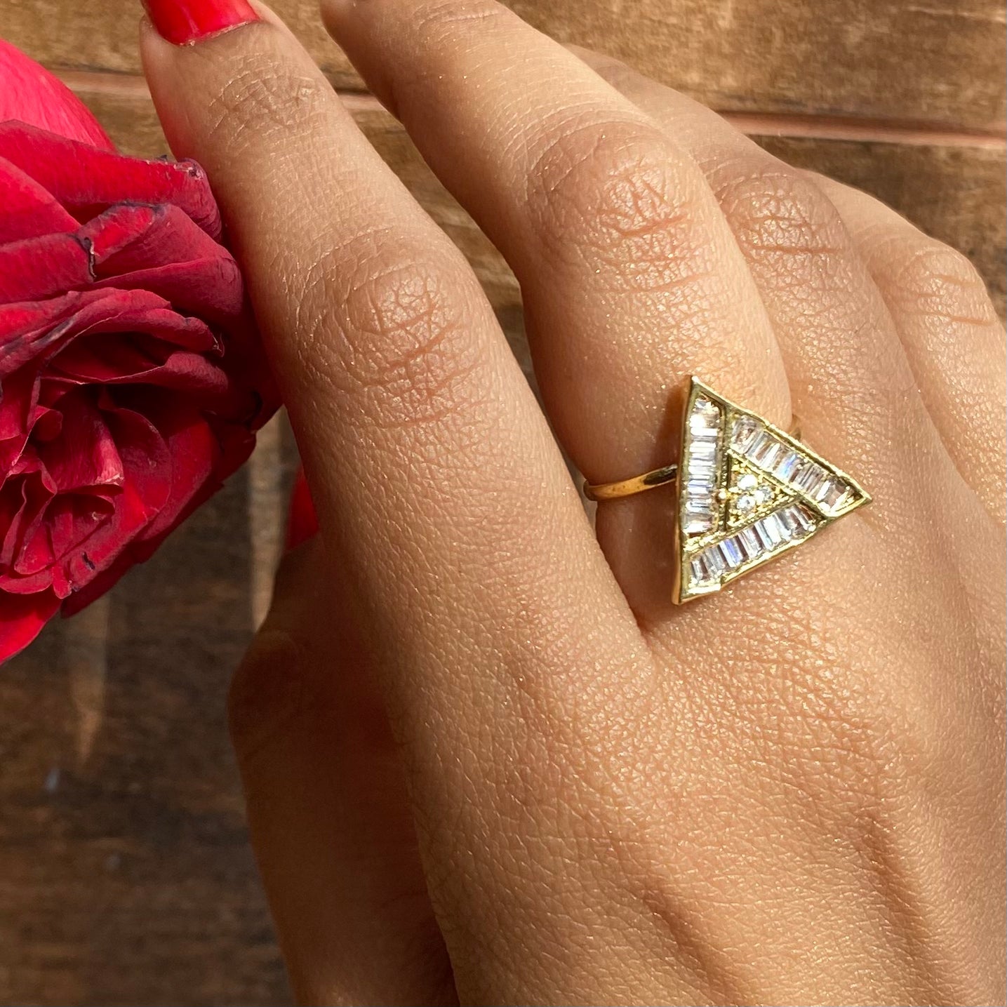 Exclusive Triangle Shaped Trendy CZ/AD Ring in Golden (Adjustable)