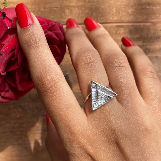 Exclusive Triangle Shaped Trendy CZ/AD Ring in Silver (Adjustable)