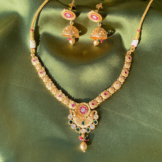 Antique Gold Necklace Set Green & Ruby Studded