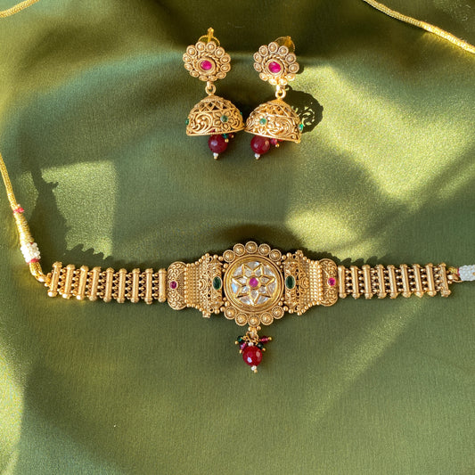 Elegant Gold Plated Choker Set Green & Ruby Studded