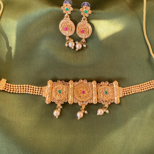 Gold Plated Flora Choker Set Green & Ruby Studded