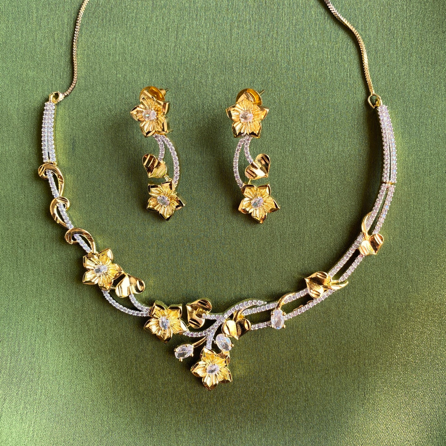 Golden Flora & CZ Designer AD Necklace Set