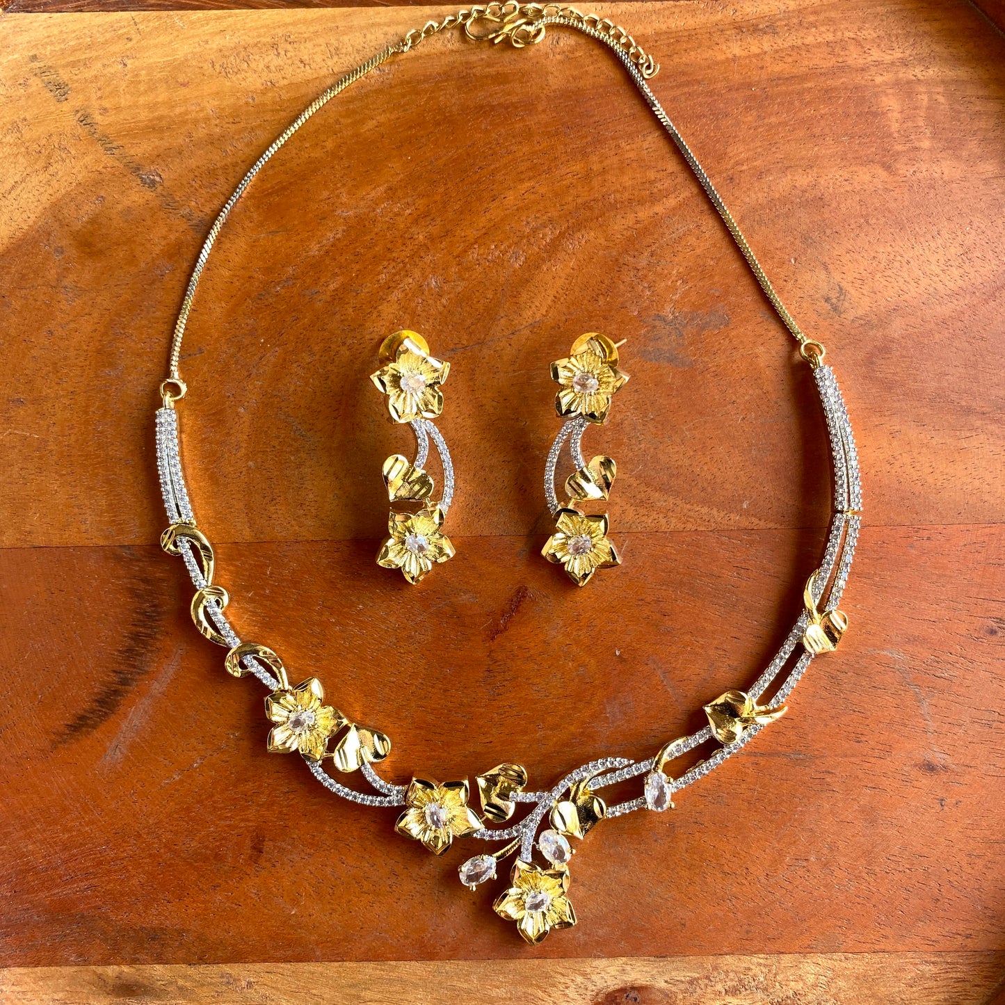 Golden Flora & CZ Designer AD Necklace Set