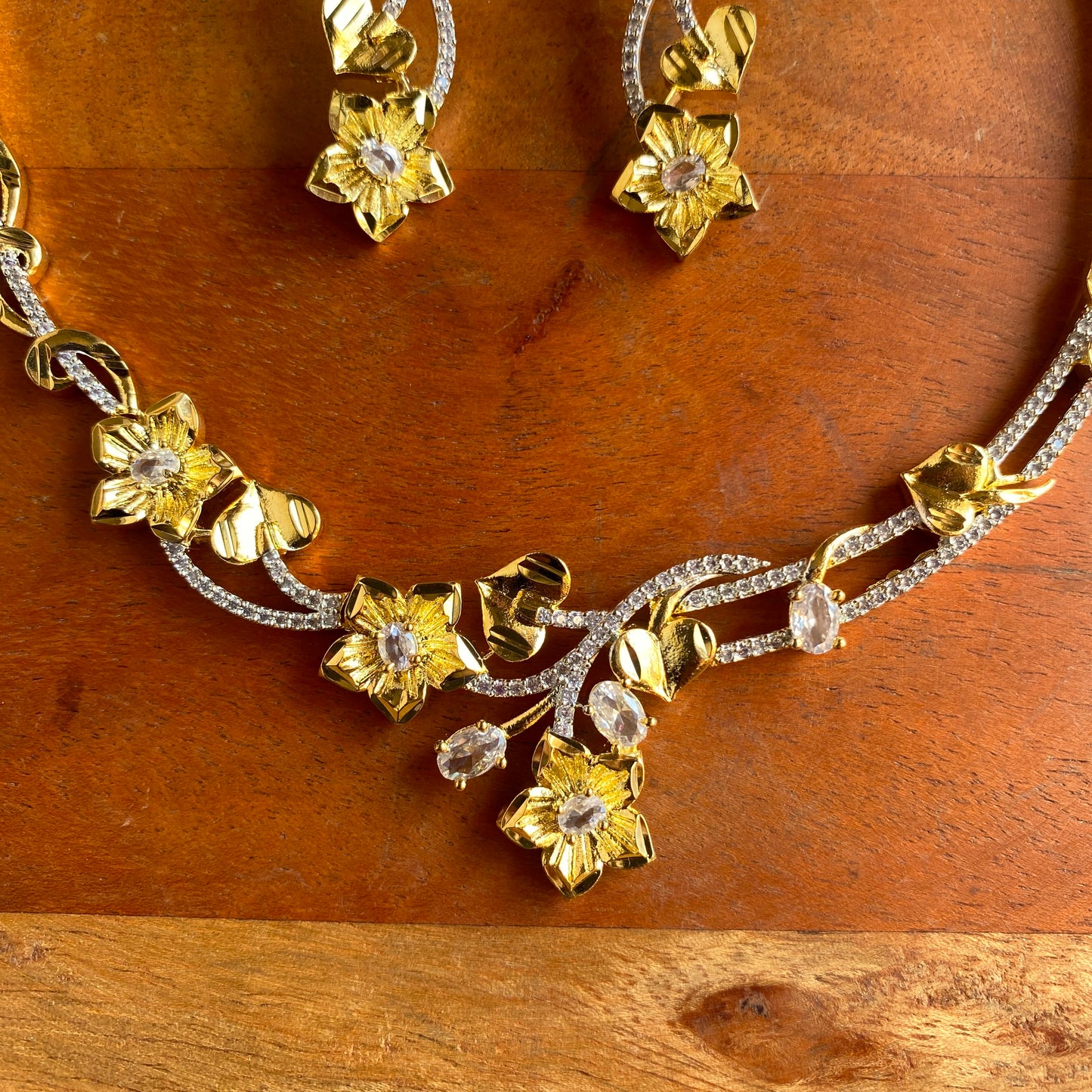 Golden Flora & CZ Designer AD Necklace Set