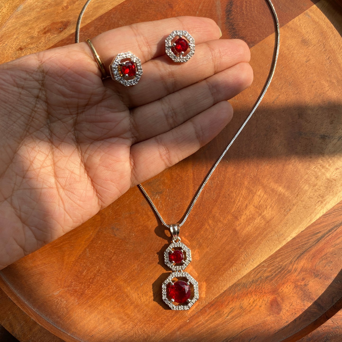 Designer CZ Pendant Set with Red Ruby Stone (With Chain)